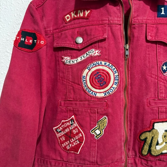 DKNY jeans‎ culture M Vibrant Red Embroidered patches crop bomber Jacket zip Y2K - Picture 3 of 8